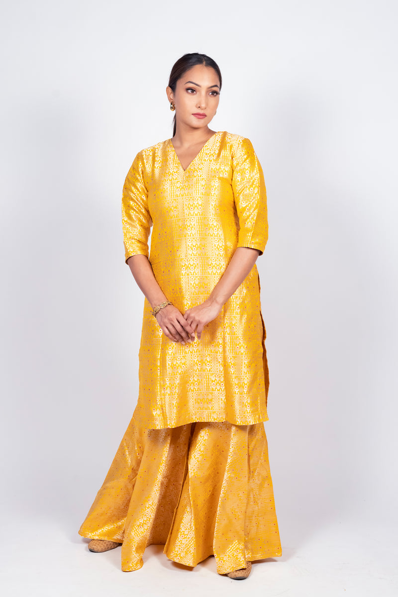 Yellow Pure Katan Silk Brocade Kurta with Sharara - The Handlooms