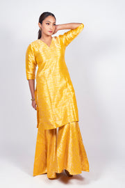 Yellow Pure Katan Silk Brocade Kurta with Sharara - The Handlooms