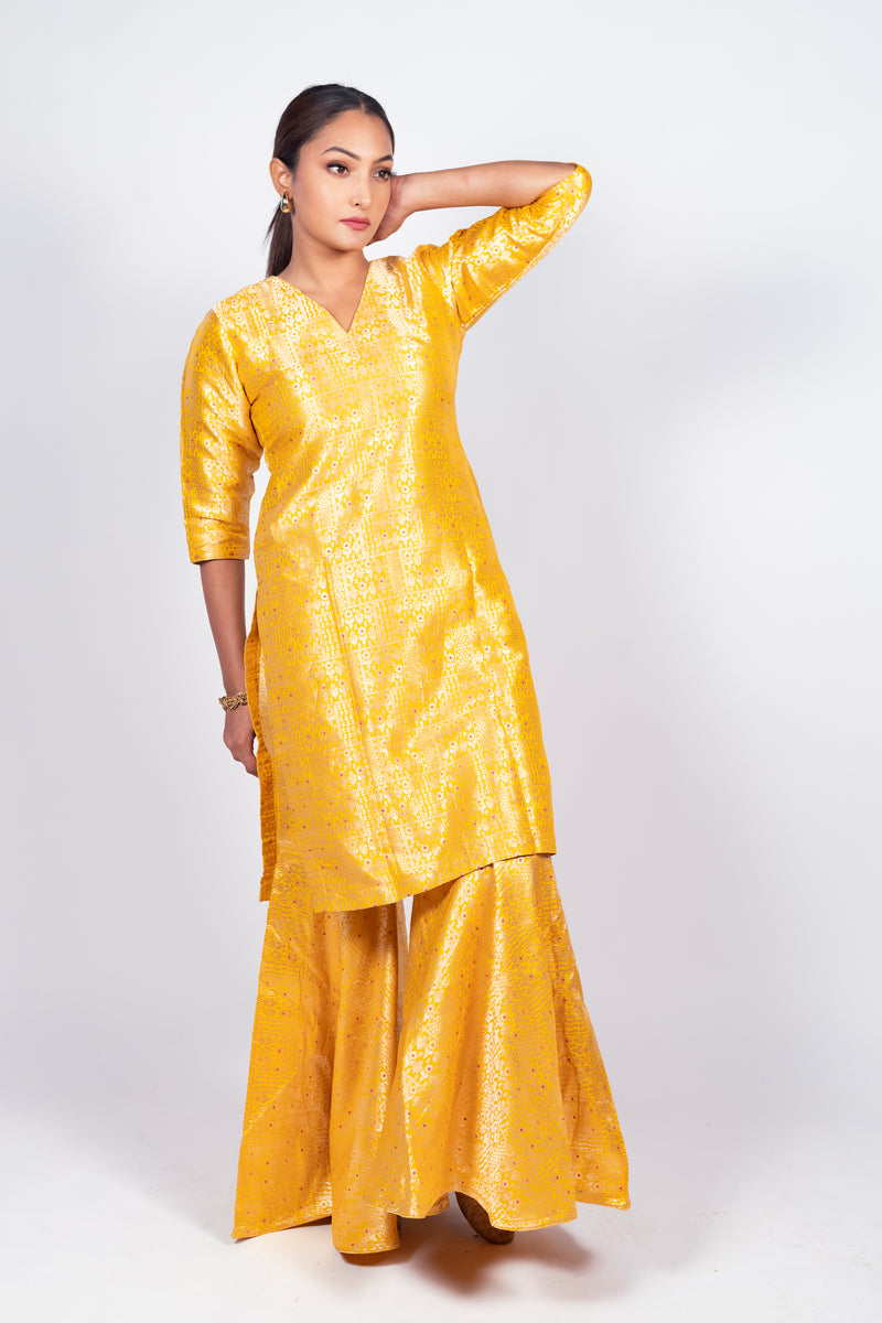 Yellow Pure Katan Silk Brocade Kurta with Sharara - The Handlooms