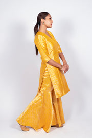 Yellow Pure Katan Silk Brocade Kurta with Sharara - The Handlooms