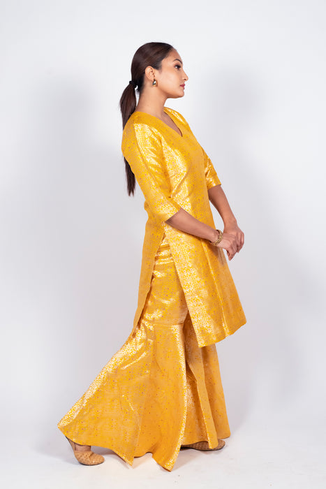 Yellow Pure Katan Silk Brocade Kurta with Sharara