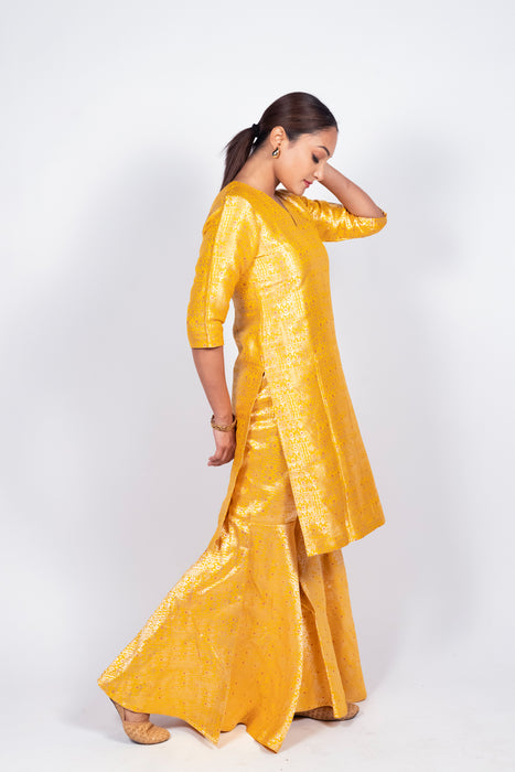 Yellow Pure Katan Silk Brocade Kurta with Sharara