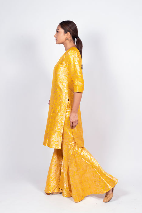 Yellow Pure Katan Silk Brocade Kurta with Sharara