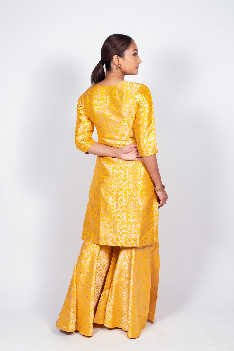 Yellow Pure Katan Silk Brocade Kurta with Sharara - The Handlooms