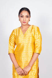 Yellow Pure Katan Silk Brocade Kurta with Sharara - The Handlooms