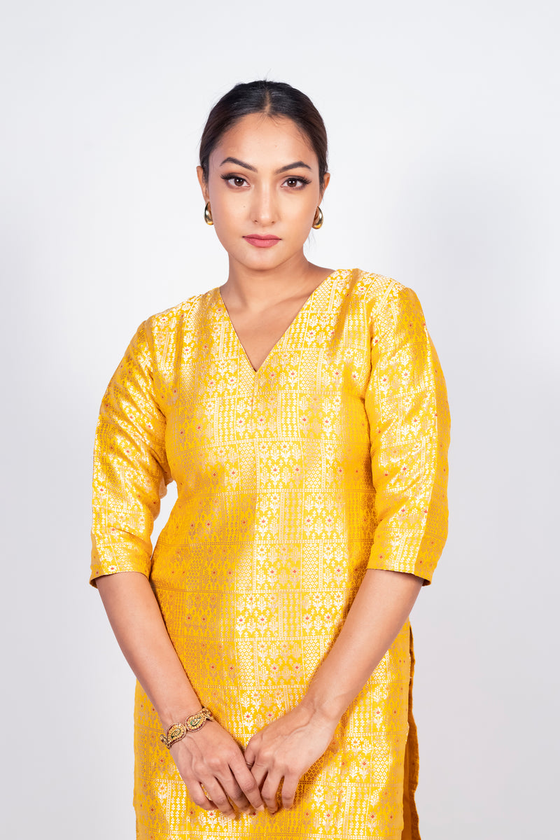 Yellow Pure Katan Silk Brocade Kurta with Sharara - The Handlooms