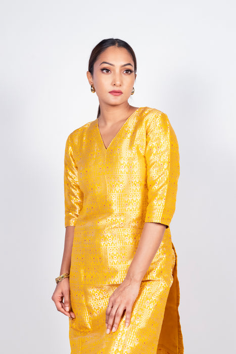 Yellow Pure Katan Silk Brocade Kurta with Sharara