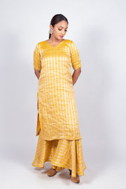 Yellow Pure Khaddi Georgette Brocade Kurta with Sharara - The Handlooms