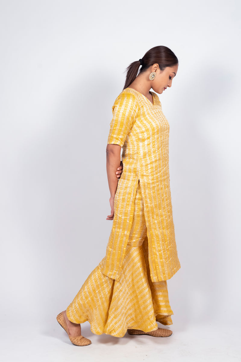 Yellow Pure Khaddi Georgette Brocade Kurta with Sharara - The Handlooms