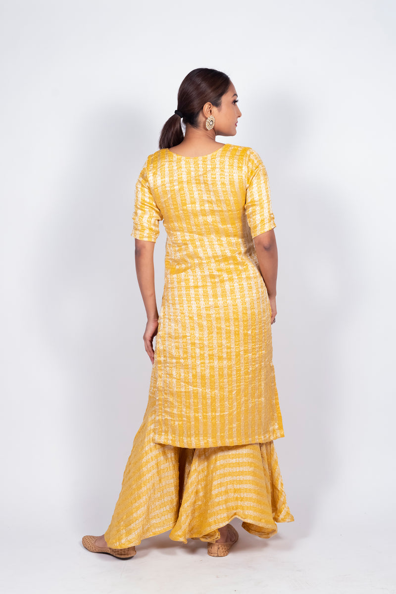 Yellow Pure Khaddi Georgette Brocade Kurta with Sharara - The Handlooms