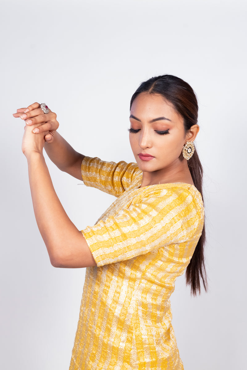 Yellow Pure Khaddi Georgette Brocade Kurta with Sharara - The Handlooms