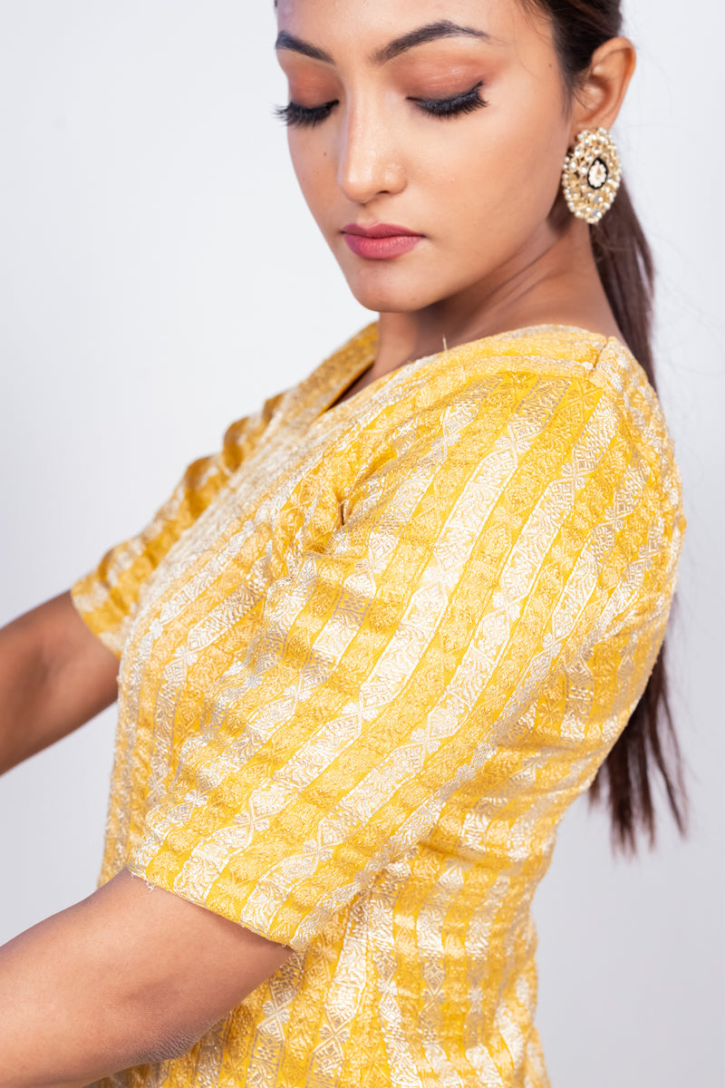 Yellow Pure Khaddi Georgette Brocade Kurta with Sharara - The Handlooms