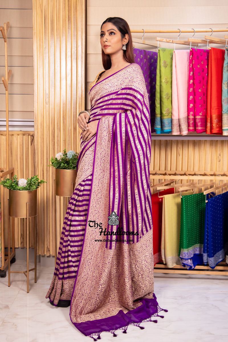 Purple Pure Khaddi Georgette Banarasi Saree -  Gold zari - The Handlooms