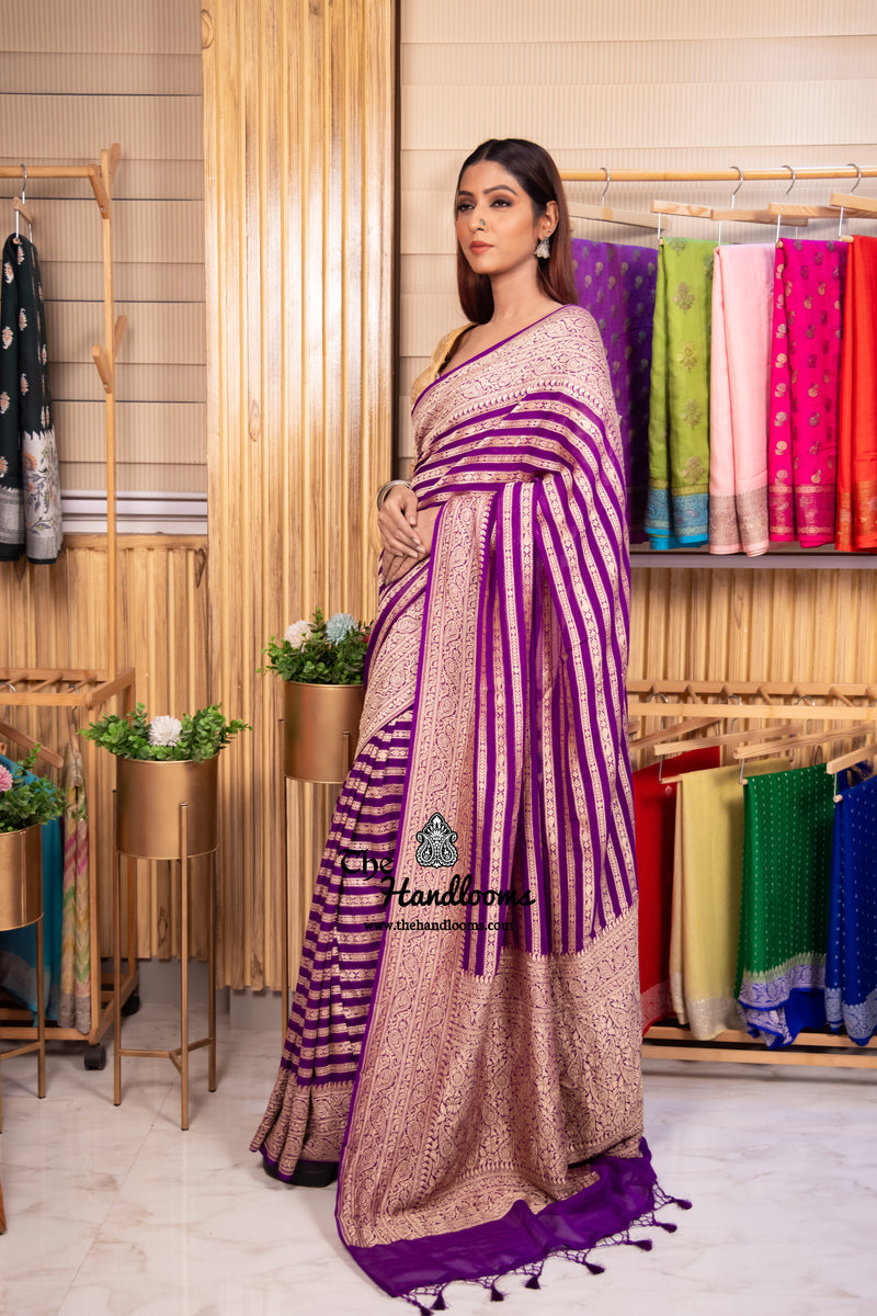 Purple Pure Khaddi Georgette Banarasi Saree -  Gold zari - The Handlooms