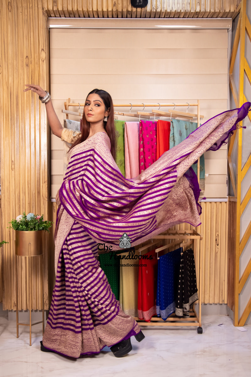Purple Pure Khaddi Georgette Banarasi Saree -  Gold zari - The Handlooms
