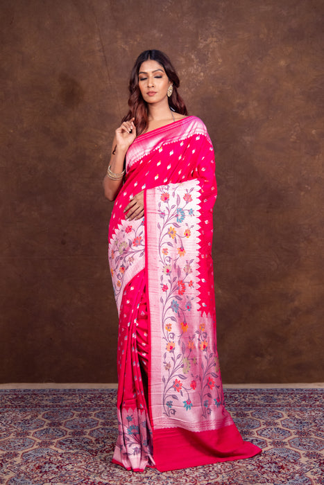 Hot Pink Pure Tussar Georgette Handloom Banarasi Saree with Paithani Skirt Border