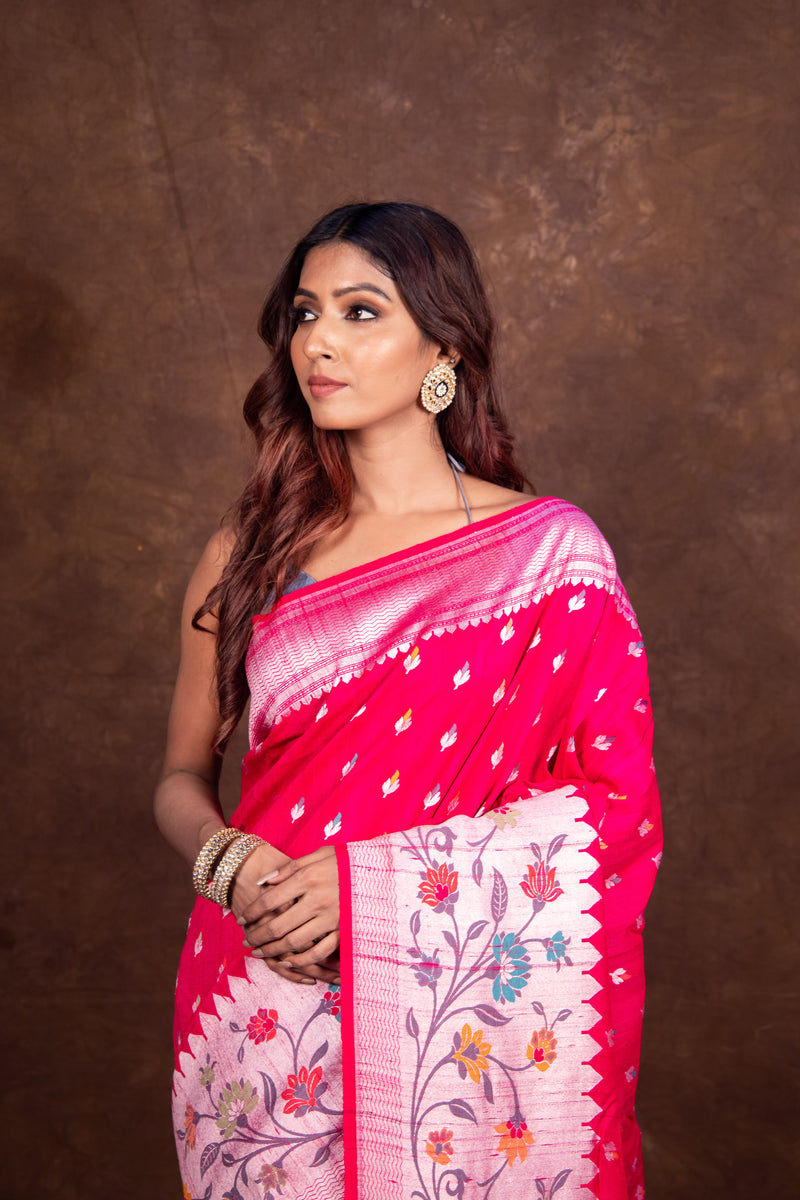 Hot Pink Pure Tussar Georgette Handloom Banarasi Saree with Paithani Skirt Border - The Handlooms