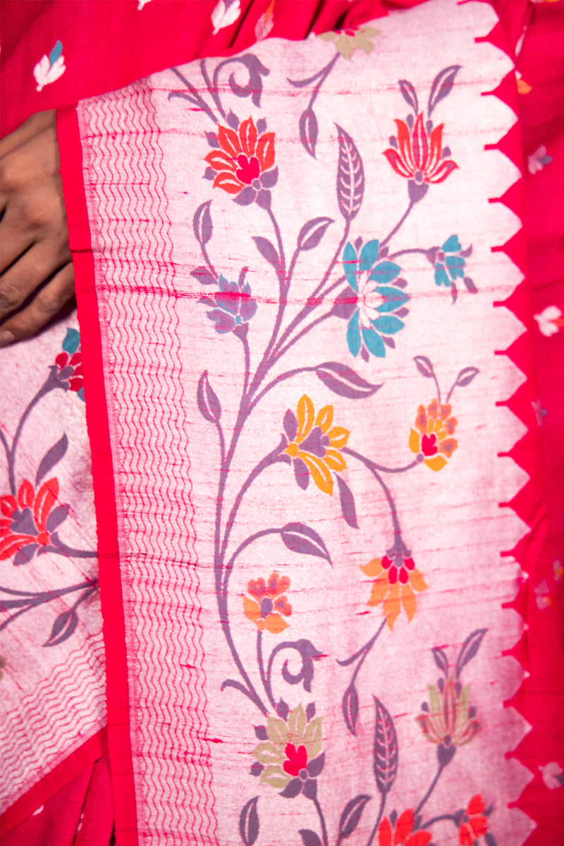Hot Pink Pure Tussar Georgette Handloom Banarasi Saree with Paithani Skirt Border - The Handlooms