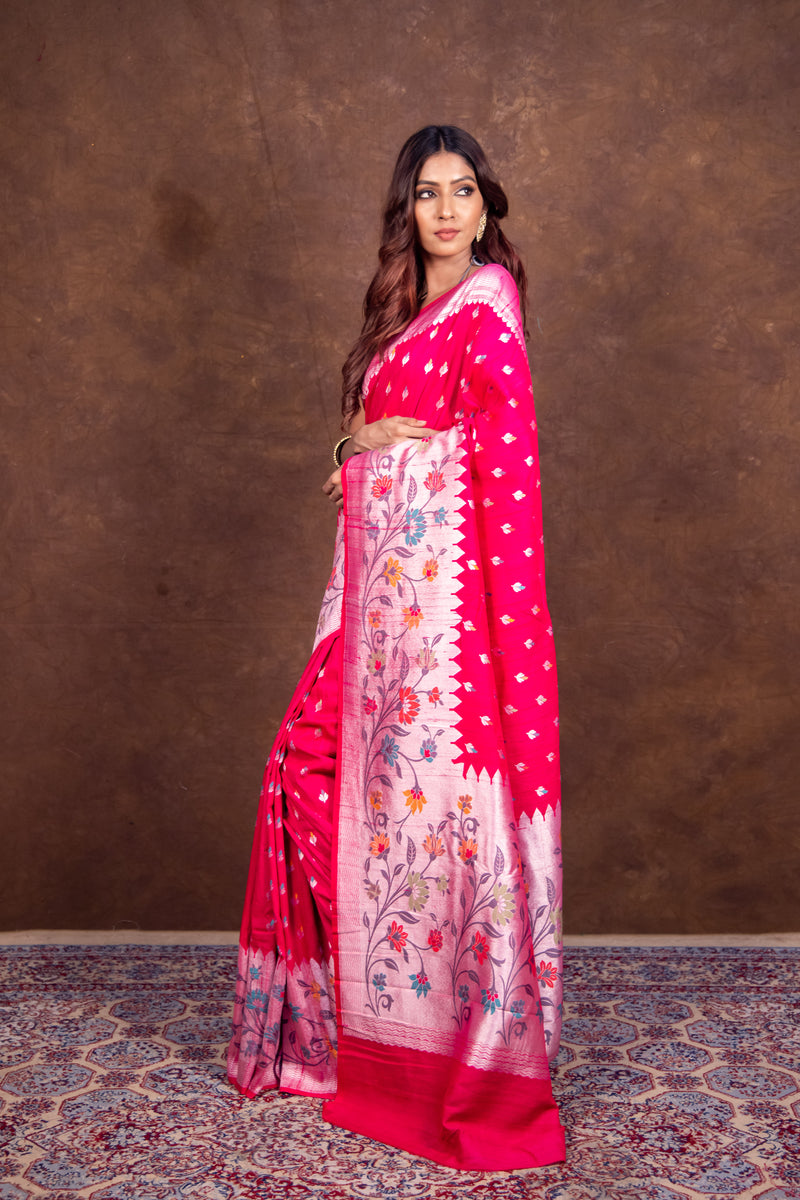 Hot Pink Pure Tussar Georgette Handloom Banarasi Saree with Paithani Skirt Border - The Handlooms