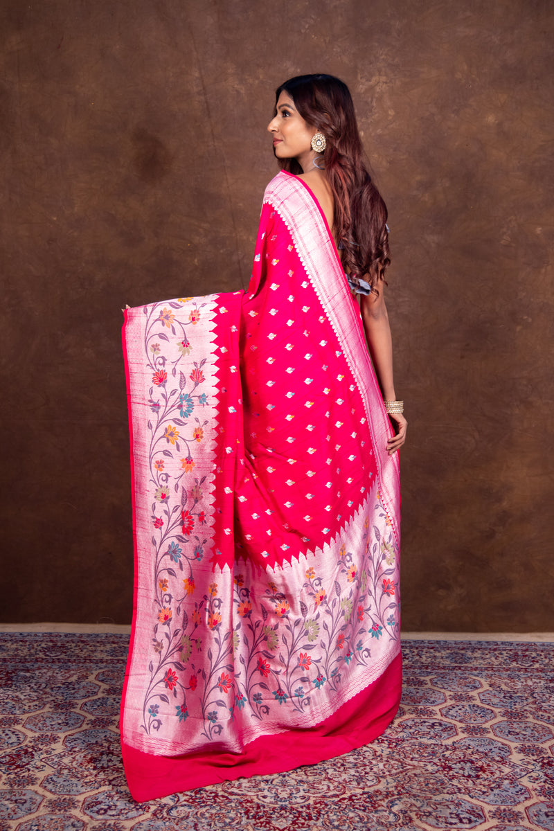 Hot Pink Pure Tussar Georgette Handloom Banarasi Saree with Paithani Skirt Border - The Handlooms