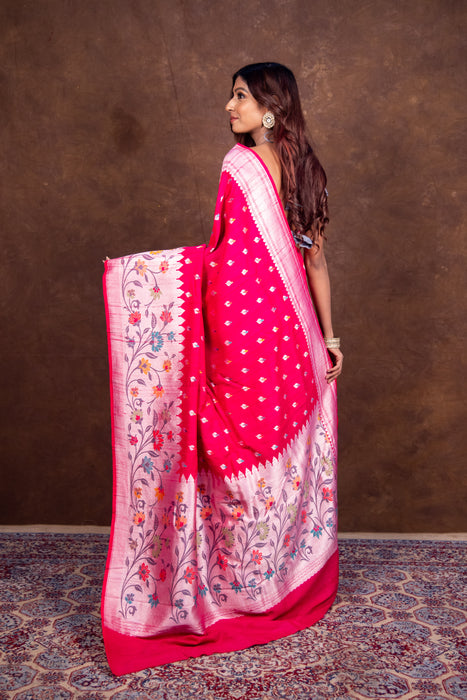 Hot Pink Pure Tussar Georgette Handloom Banarasi Saree with Paithani Skirt Border