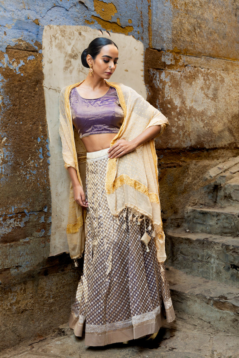 Pure Tissue Silk Handloom Banarasi Lehenga Set - With Stitched Skirt - The Handlooms