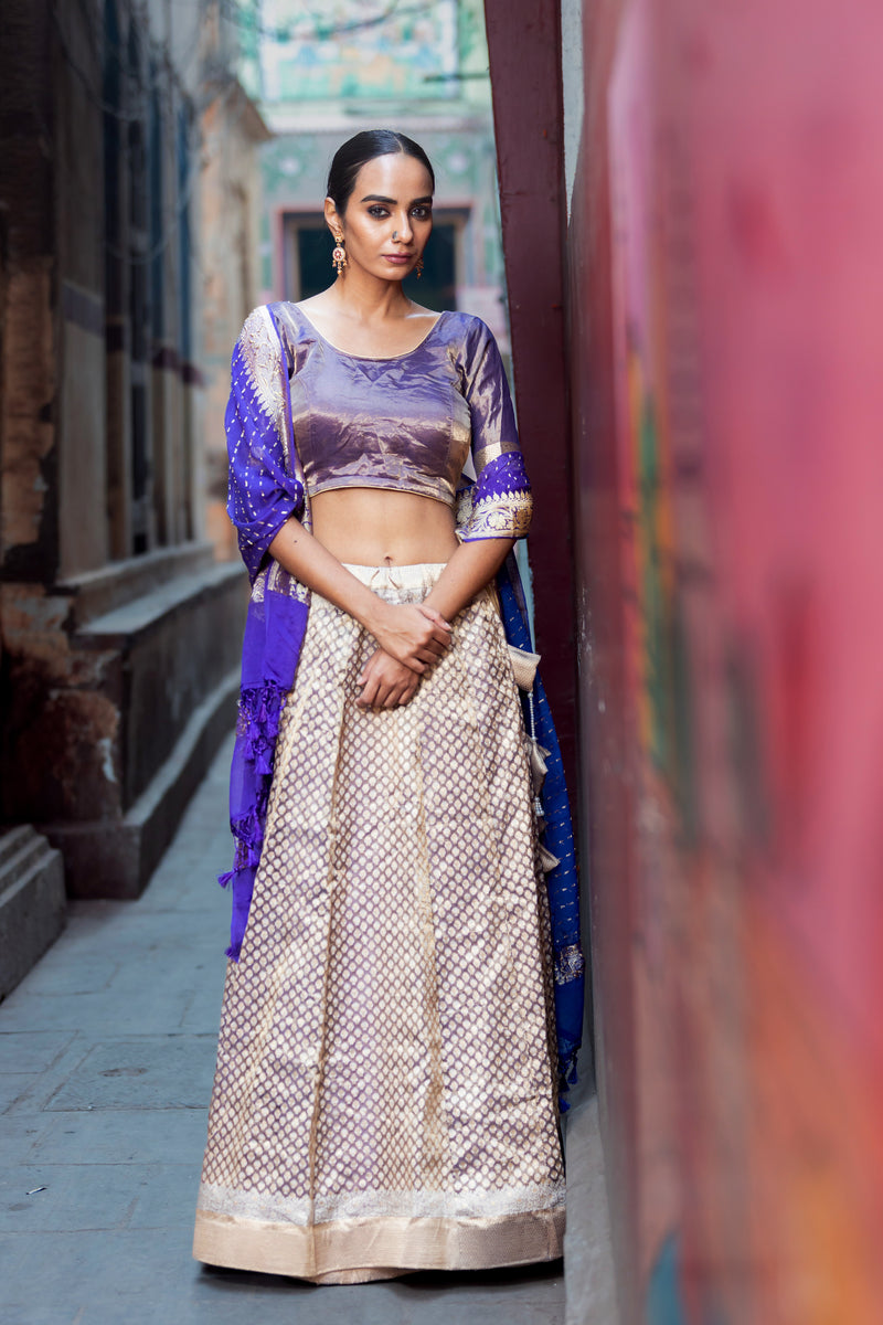 Pure Tissue Silk Handloom Banarasi Lehenga Set - With Stitched Skirt - The Handlooms
