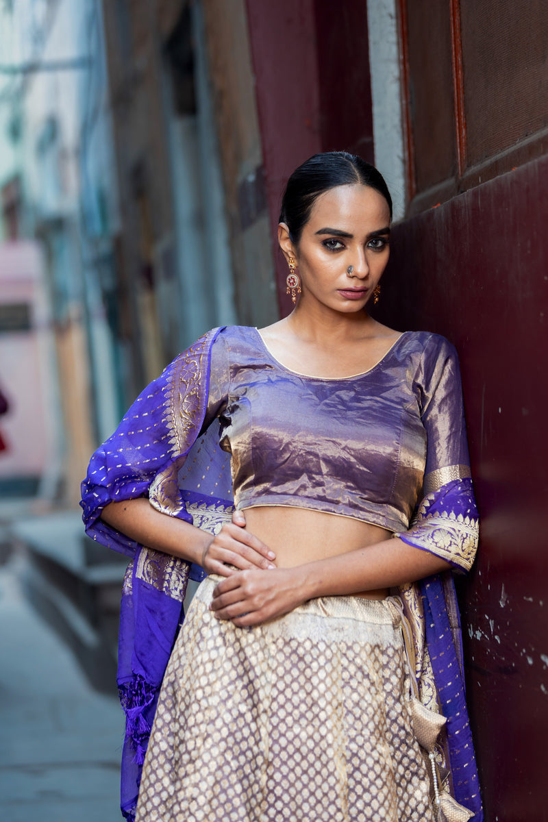 Pure Tissue Silk Handloom Banarasi Lehenga Set - With Stitched Skirt - The Handlooms