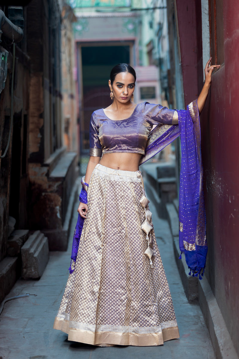 Pure Tissue Silk Handloom Banarasi Lehenga Set - With Stitched Skirt - The Handlooms