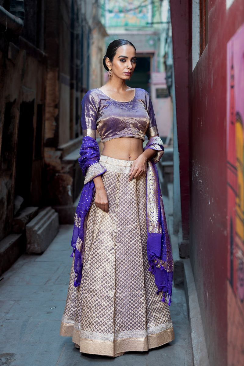 Pure Tissue Silk Handloom Banarasi Lehenga Set - With Stitched Skirt - The Handlooms