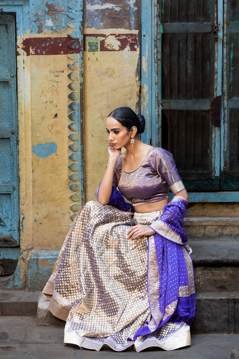 Pure Tissue Silk Handloom Banarasi Lehenga Set - With Stitched Skirt - The Handlooms