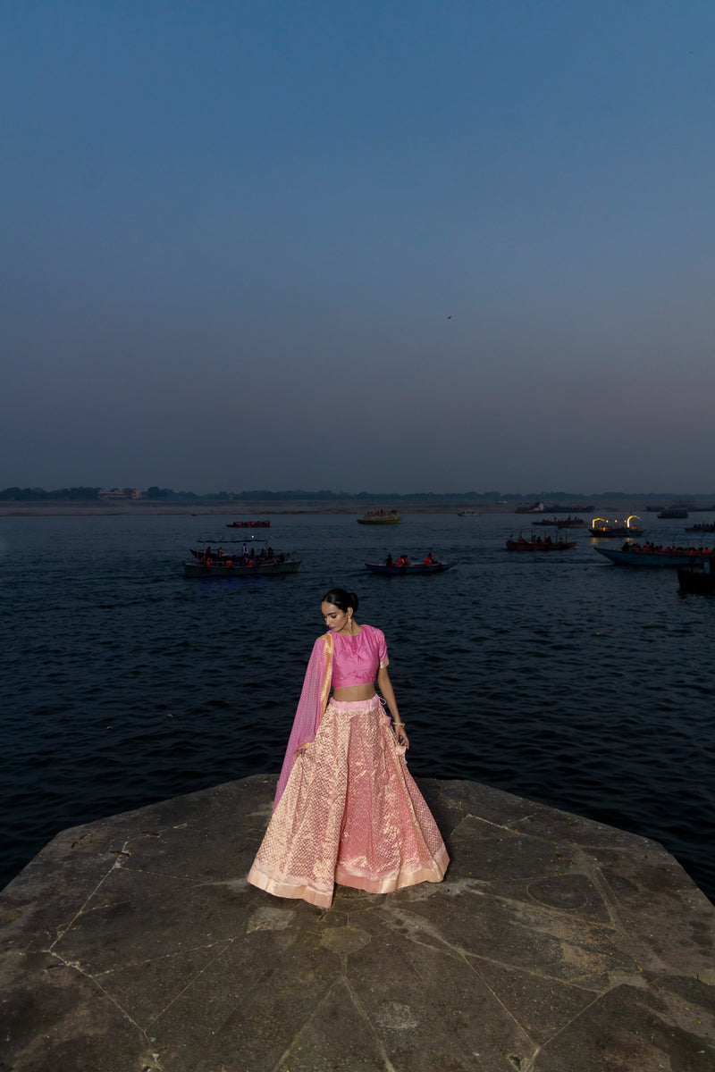 Pure Tissue Silk Handloom Banarasi Lehenga Set - With Stitched Skirt - The Handlooms