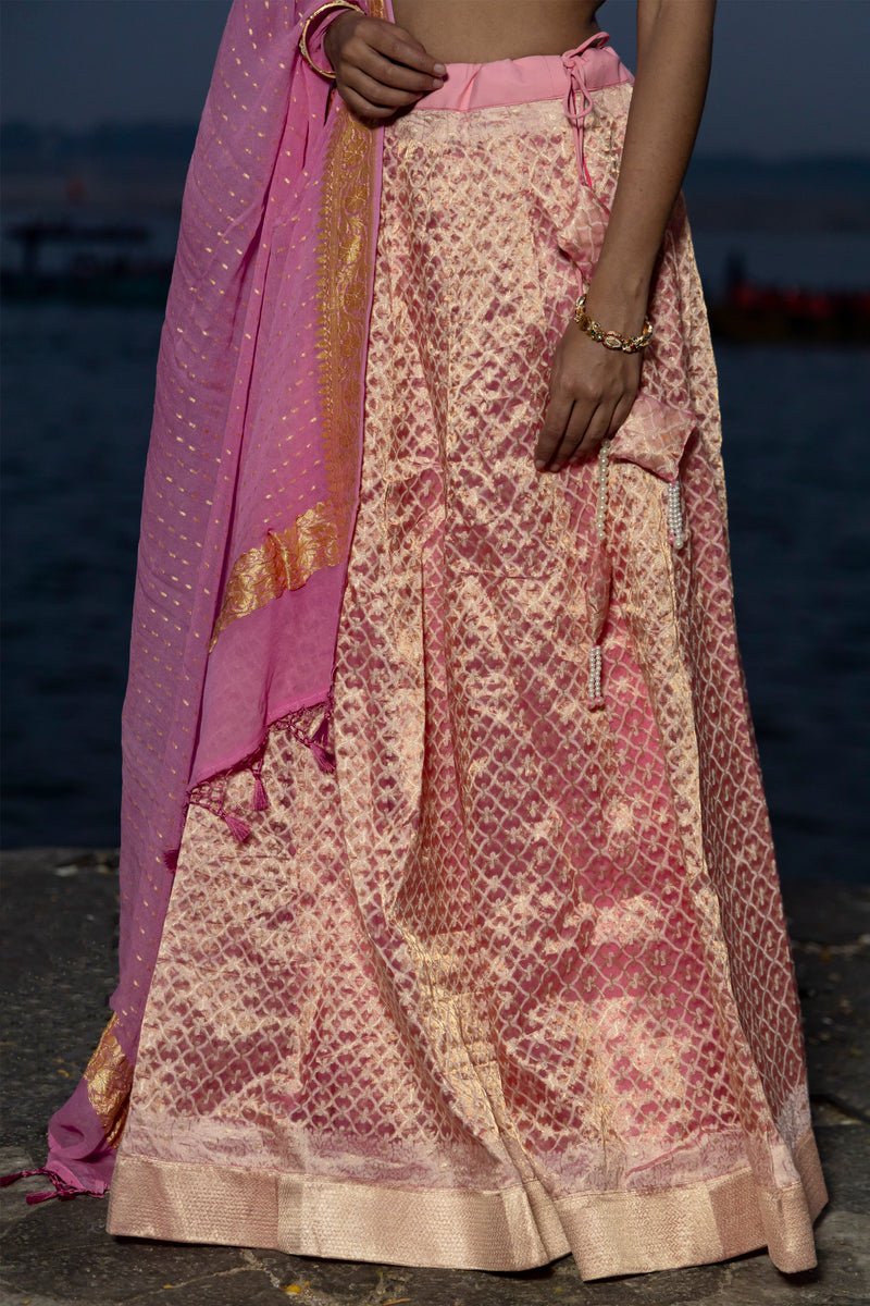 Pure Tissue Silk Handloom Banarasi Lehenga Set - With Stitched Skirt - The Handlooms