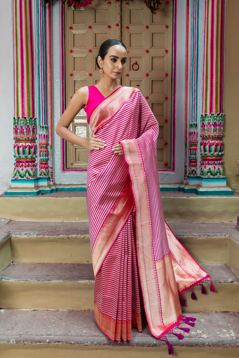 Pure Katan Silk Banarasi Handloom Saree - All over sona roopa -Stripe - The Handlooms