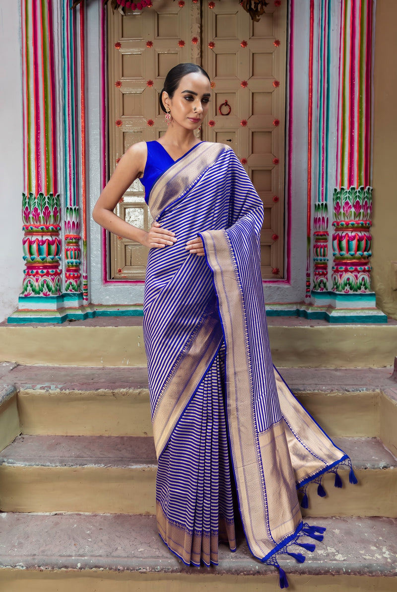 Pure Katan Silk Banarasi Handloom Saree - All over sona roopa -Stripe