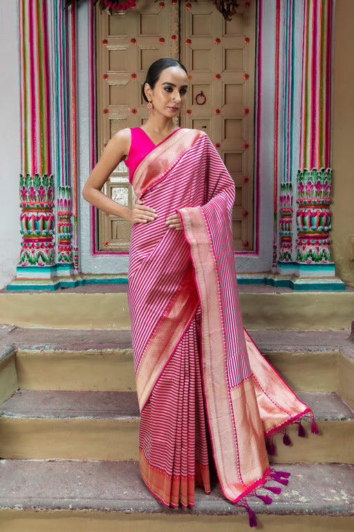 Pure Katan Silk Banarasi Handloom Saree - All over sona roopa -Stripe - The Handlooms