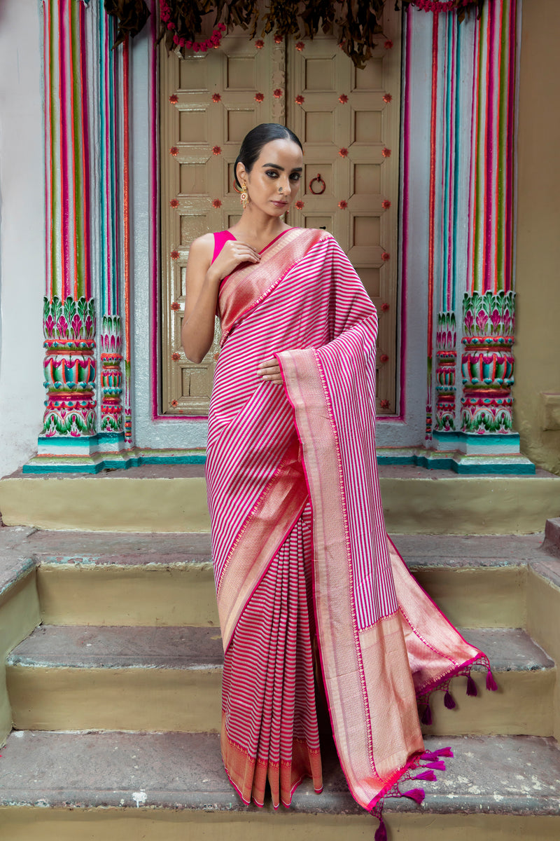 Pure Katan Silk Banarasi Handloom Saree - All over sona roopa -Stripe - The Handlooms