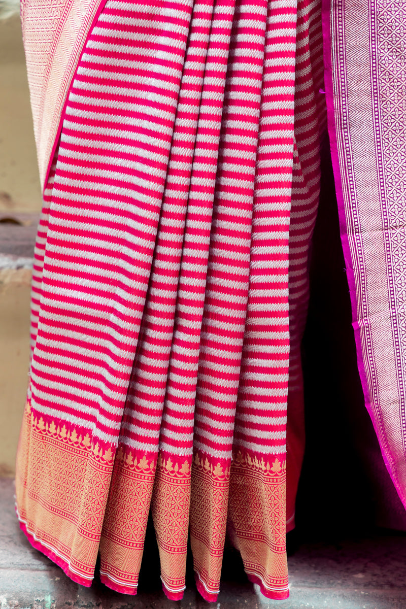 Pure Katan Silk Banarasi Handloom Saree - All over sona roopa -Stripe - The Handlooms