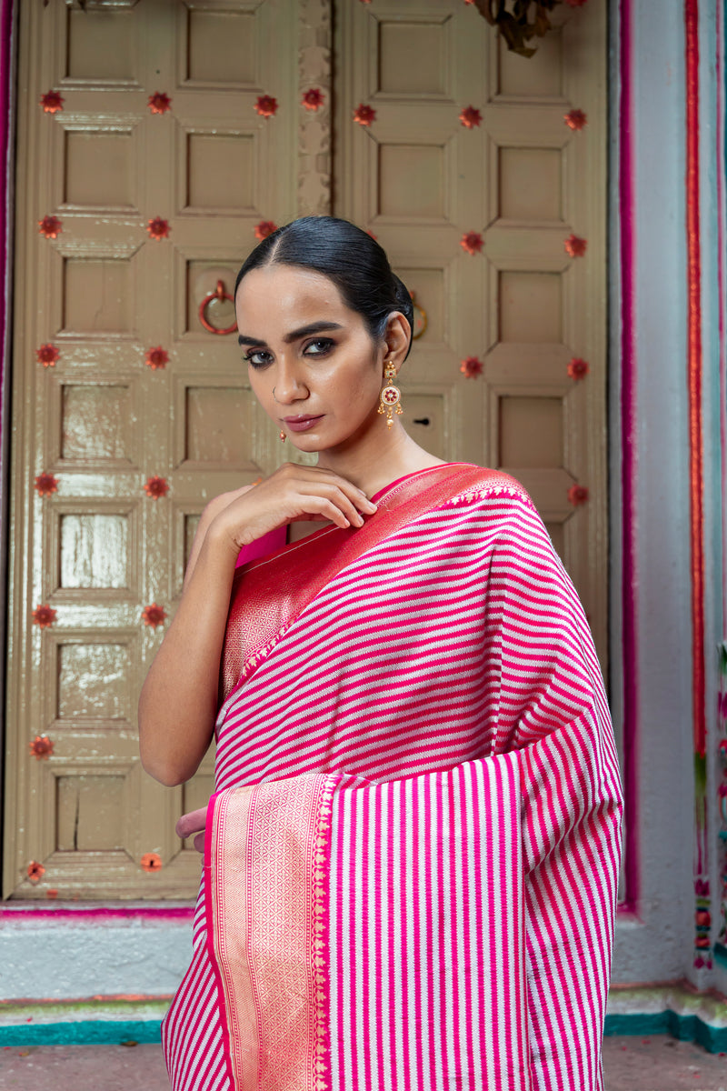 Pure Katan Silk Banarasi Handloom Saree - All over sona roopa -Stripe - The Handlooms