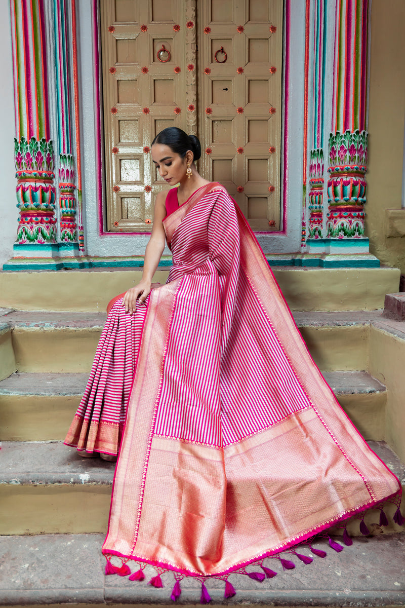 Pure Katan Silk Banarasi Handloom Saree - All over sona roopa -Stripe - The Handlooms