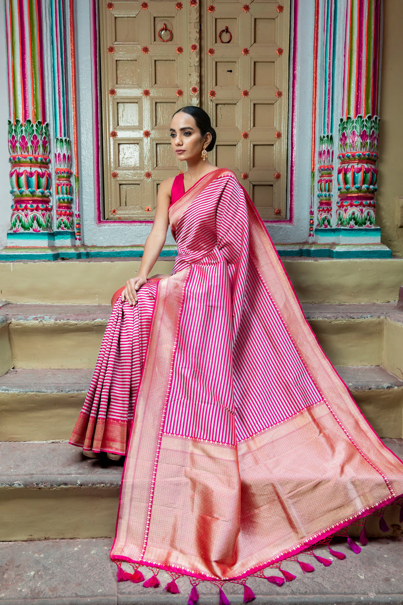 Pure Katan Silk Banarasi Handloom Saree - All over sona roopa -Stripe - The Handlooms