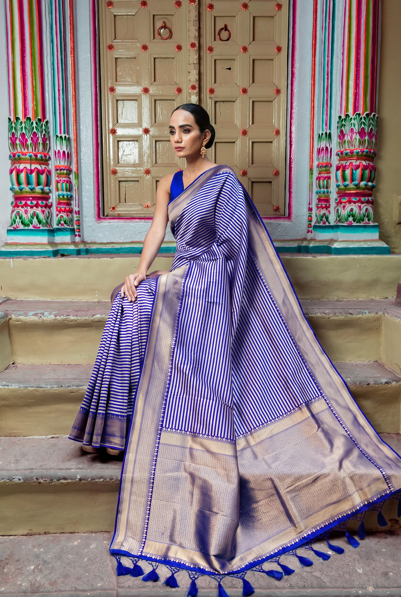 Pure Katan Silk Banarasi Handloom Saree - All over sona roopa -Stripe