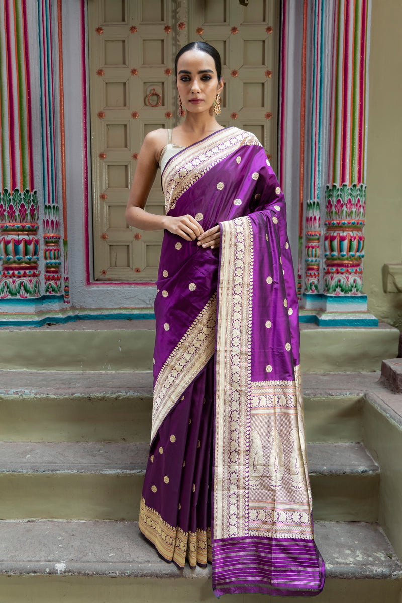 Purple Pure Katan Silk Banarasi Handloom Saree - All over Kadua motifs - The Handlooms