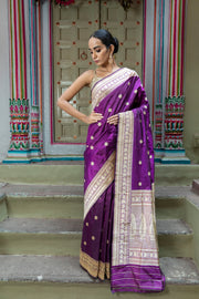 Purple Pure Katan Silk Banarasi Handloom Saree - All over Kadua motifs - The Handlooms