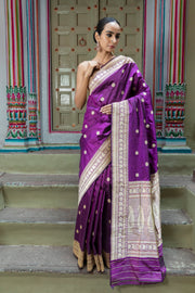 Purple Pure Katan Silk Banarasi Handloom Saree - All over Kadua motifs - The Handlooms