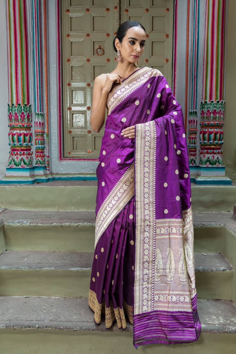 Purple Pure Katan Silk Banarasi Handloom Saree - All over Kadua motifs - The Handlooms