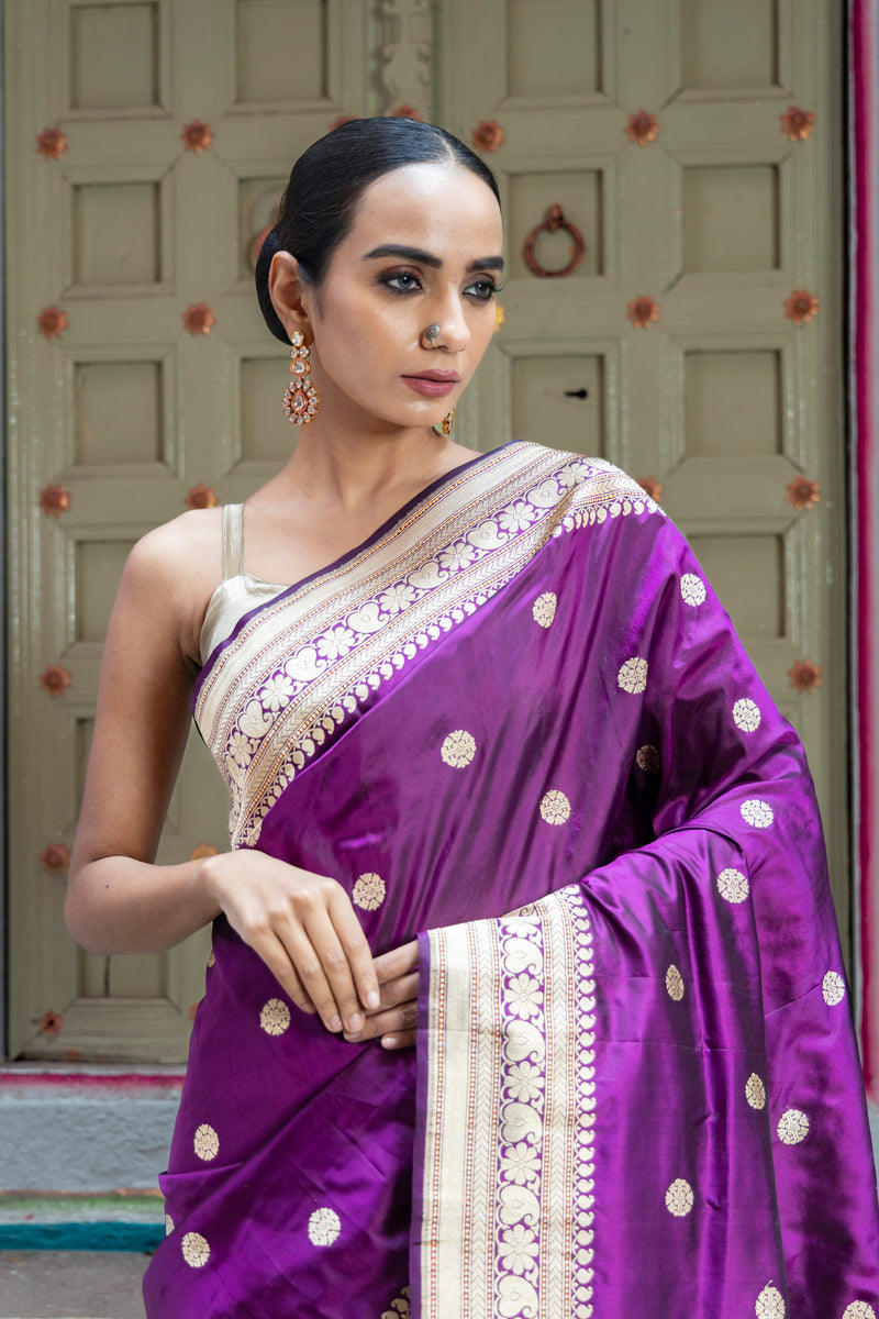 Purple Pure Katan Silk Banarasi Handloom Saree - All over Kadua motifs - The Handlooms