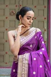 Purple Pure Katan Silk Banarasi Handloom Saree - All over Kadua motifs - The Handlooms