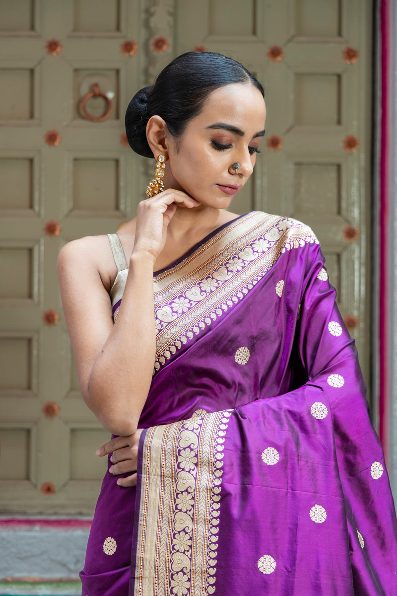 Purple Pure Katan Silk Banarasi Handloom Saree - All over Kadua motifs - The Handlooms