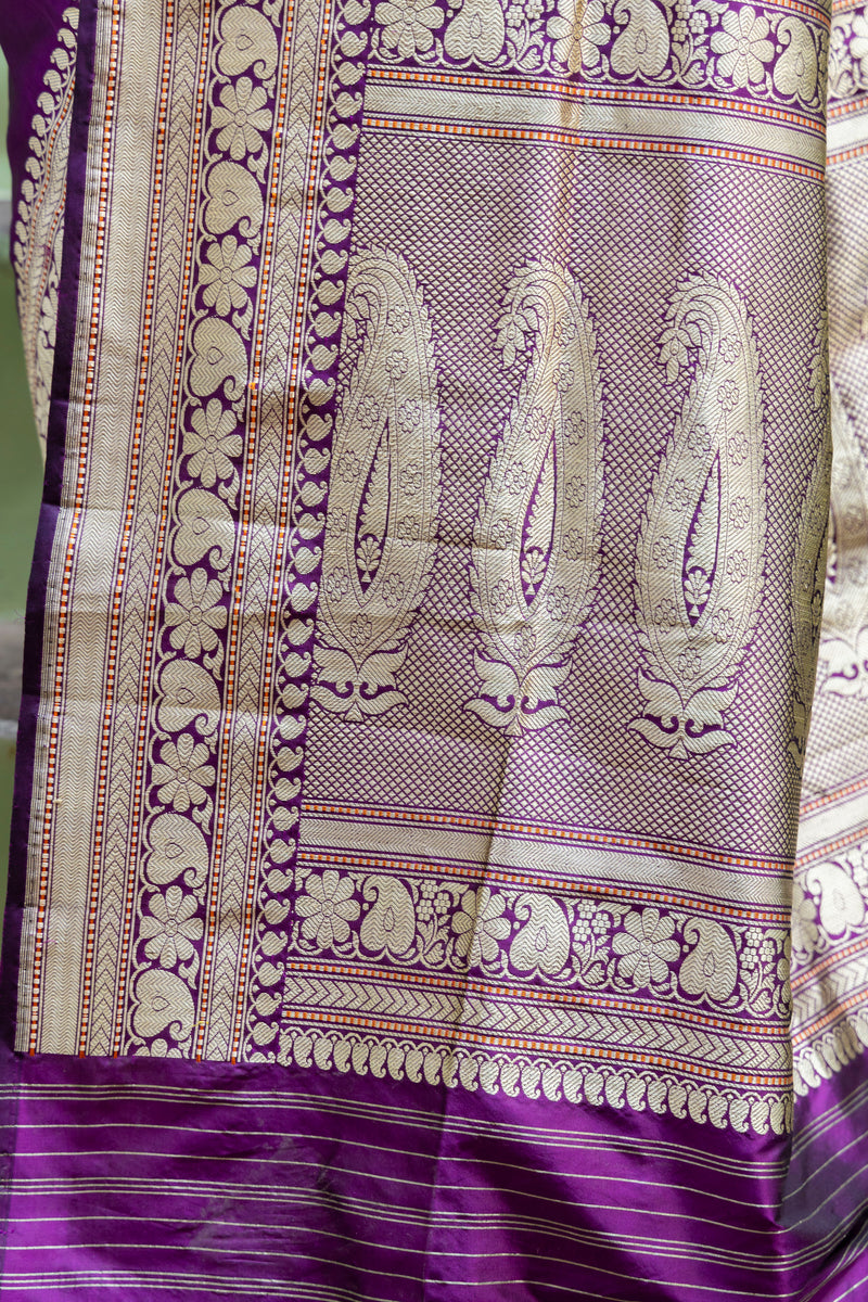 Purple Pure Katan Silk Banarasi Handloom Saree - All over Kadua motifs - The Handlooms